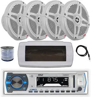 Pyle PLMRB29W Single DIN Bluetooth Marine MP3 AM/FM Stereo Receiver with White Cover, 22" Radio Antenna, Wire, 4x 6.5" 600 Watt Max 2-Way Full Range Waterproof Wireless RF Streaming Speakers (White)