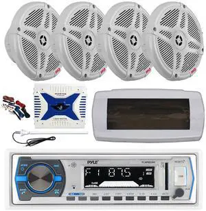 Pyle PLMRB29W Single DIN Bluetooth Marine MP3 AM/FM Stereo Receiver, White Cover, Long Range Antenna, Amplifier w/Kit, 4x 6.5" 600 Watt Max 2-Way Waterproof Wireless RF Streaming Speakers (White)