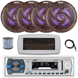 Pyle PLMRB29W Single DIN Bluetooth Marine MP3 AM/FM Stereo Receiver with White Cover, 22" Radio Antenna, Wire, 4x 6.5'' 240 Watt Peak  Slim Waterproof Multicolor LED Stereo Speakers (Camo)