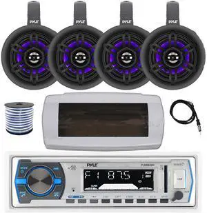 Pyle PLMRB29W Single DIN Bluetooth Marine MP3 AM/FM Stereo Receiver with White Cover, 22" Radio Antenna, Wire, 4x 4" 300W Max Bluetooth Waterproof Wakeboard LED Tower Speakers (Black)
