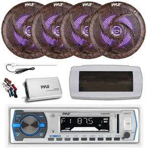 Pyle PLMRB29W Single DIN Bluetooth Marine MP3 AM/FM Stereo Receiver, White Cover, Long Range Antenna, Amplifier w/Kit, 4x 6.5'' 240 Watt  Waterproof Multicolor LED Stereo Speakers (Camo)