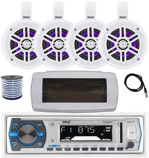 Pyle PLMRB29W Single DIN Bluetooth Marine MP3 AM/FM Stereo Receiver with White Cover, 22" Radio Antenna, Wire, 4x 4" 300W Max Bluetooth Waterproof Wakeboard LED Tower Speakers (White)