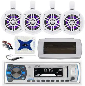Pyle PLMRB29W Single DIN Bluetooth Marine MP3 AM/FM Stereo Receiver with White Cover, Long Range Antenna, Amplifier w/Kit, 4x 4" 300W Max Bluetooth Waterproof Wakeboard LED Tower Speakers (White)