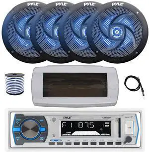 Pyle PLMRB29W Single DIN Bluetooth Marine MP3 AM/FM Stereo Receiver with White Cover, 22" Radio Antenna, Wire, 4x 4" 100 Watt Peak 2-Way  Blue Flashing LED Boat Audio Speakers (Black)
