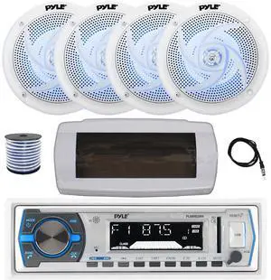 Pyle PLMRB29W Single DIN Bluetooth Marine MP3 AM/FM Stereo Receiver with White Cover, 22" Radio Antenna, Wire, 4x 4" 100 Watt Max 2-Way  Blue Flashing LED Boat Audio Speakers (White)