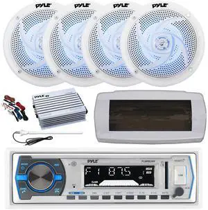 Pyle PLMRB29W Single DIN Bluetooth Marine MP3 AM/FM Stereo Receiver, White Cover, Long Range Antenna, Amplifier w/Kit, 4x 4" 100 Watt 2-Way  Blue Flashing LED Boat Audio Speakers (White)