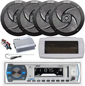 Pyle PLMRB29W Single DIN Bluetooth Marine MP3 AM/FM Stereo Receiver, White Cover, Long Range Antenna, Amplifier w/Kit, 4x 5.25" 180 Watt Max 2-Way Waterproof  Boat Audio Speakers (Black)