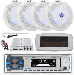 Pyle PLMRB29W Single DIN Bluetooth Marine MP3 AM/FM Stereo Receiver, White Cover, Long Range Antenna, Amplifier w/Kit, 4x 6'' 240 Watt Max  2-Way Blue Flashing LED Audio Speakers (White)