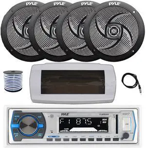 Pyle PLMRB29W Single DIN Bluetooth Marine MP3 AM/FM Stereo Receiver with White Cover, 22" Radio Antenna, Wire, 4x 6'' 240 Watt Max  2-Way Boat Audio Speakers (Black)