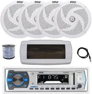 Pyle PLMRB29W Single DIN Bluetooth Marine MP3 AM/FM Stereo Receiver with White Cover, 22" Radio Antenna, Wire, 4x 6'' 240 Watt Max  2-Way Boat Audio Speakers (White)