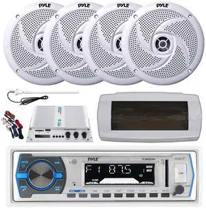 Pyle PLMRB29W Single DIN Bluetooth Marine MP3 AM/FM Stereo Receiver with White Cover, Long Range Antenna, Amplifier w/Kit, 4x 6'' 240 Watt Max  2-Way Boat Audio Speakers (White)