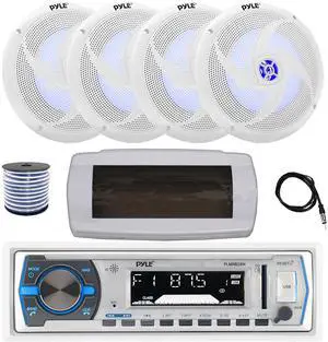 Pyle PLMRB29W Single DIN Bluetooth Marine MP3 AM/FM Stereo Receiver with White Cover, 22" Radio Antenna, Wire, 4x 8'' 320 Watt Max  2-Way Blue Flashing LED Boat Audio Speakers (White)