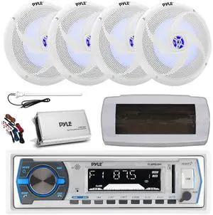 Pyle PLMRB29W Single DIN Bluetooth Marine MP3 AM/FM Stereo Receiver, White Cover, Long Range Antenna, Amplifier w/Kit, 4x 8'' 320 Watt Max  2-Way Blue Flashing LED Boat Speakers (White)