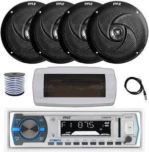 Pyle PLMRB29W Single DIN Bluetooth Marine MP3 AM/FM Stereo Receiver with White Cover, 22" Radio Antenna, Wire, 4x 8'' 320 Watt Max  2-Way Boat Audio Speakers (Black)