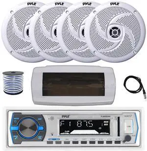 Pyle PLMRB29W Single DIN Bluetooth Marine MP3 AM/FM Stereo Receiver with White Cover, 22" Radio Antenna, Wire, 4x 8'' 320 Watt Max  2-Way Boat Audio Speakers (White)