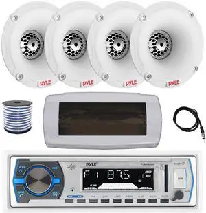 Pyle PLMRB29W Single DIN Bluetooth Marine MP3 AM/FM Stereo Receiver with White Cover, 22" Radio Antenna, Wire, 4x 1" 120 Watt Max Waterproof Audio Tweeters w/Crossover Network (White)