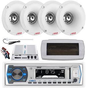 Pyle PLMRB29W Single DIN Bluetooth Marine MP3 AM/FM Stereo Receiver with White Cover, Long Range Antenna, Amplifier w/Kit, 4x 1" 120 Watt Max Waterproof Audio Tweeters w/Crossover Network (White)