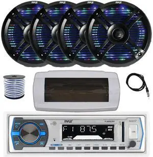 Pyle PLMRB29W Single DIN Bluetooth Marine MP3 AM/FM Stereo Receiver with White Cover, 22" Radio Antenna, Wire, 4x 6.5" 250 Watt Max 2-Way Waterproof Multicolor LED Audio Speakers (Black)