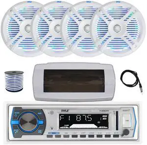 Pyle PLMRB29W Single DIN Bluetooth Marine MP3 AM/FM Stereo Receiver with White Cover, 22" Radio Antenna, Wire, 4x 6.5" 250 Watt Max 2-Way Waterproof Multicolor LED Audio Speakers (White)