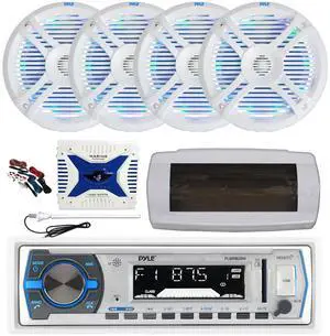Pyle PLMRB29W Single DIN Bluetooth Marine MP3 AM/FM Stereo Receiver with White Cover, Long Range Antenna, Amplifier w/Kit, 4x 6.5" 250 Watt Max 2-Way Waterproof Multicolor LED Audio Speakers (White)