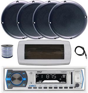 Pyle PLMRB29W Single DIN Bluetooth Marine MP3 AM/FM Stereo Receiver with White Cover, 22" Radio Antenna, Wire, 4x 5.25" 20 Watt Max Polycone Audio Speakers (Black, Bulk Packaging)