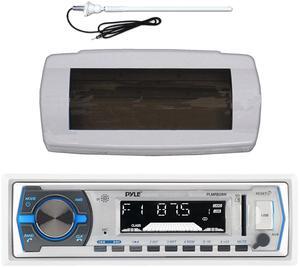 Pyle PLMRB29W Single DIN Bluetooth Marine MP3 AM/FM Stereo Receiver with White Splash Proof Radio Cover, White Long Range Antenna