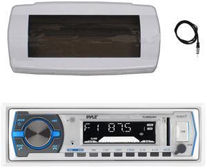 Pyle PLMRB29W Single DIN Bluetooth Marine MP3 AM/FM Stereo Receiver with White Splash Proof Radio Cover, 22" Antenna