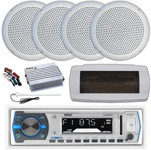Pyle PLMRB29W Single DIN Bluetooth Marine MP3 AM/FM Stereo Receiver with White Cover, Long Range Antenna, Amplifier w/Kit, 4x 5.25" 20 Watt Max Polycone Audio Speakers (White, Bulk Packaging)