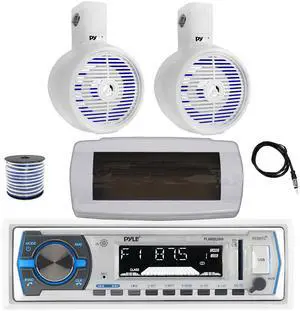 Pyle PLMRB29W Single DIN Bluetooth Marine MP3 AM/FM Stereo Receiver with White Cover, 22" Radio Antenna, Wire, 2x 6.5" 200 Watt Max Power Built-in-LED 2-Way Wakeboard Speakers (White)