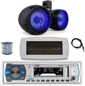 Pyle PLMRB29W Single DIN Bluetooth Marine MP3 AM/FM Stereo Receiver with White Cover, 22" Radio Antenna, Wire, 1x 8" 300W Max 2-Way Full Range Wakeboard Built-in-LED Dual Audio Speakers (Black)