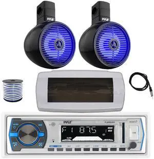 Pyle PLMRB29W Single DIN Bluetooth Marine MP3 AM/FM Stereo Receiver with White Cover, 22" Radio Antenna, Wire, 2x 8" 300W Max 2-Way Full Range Wakeboard Built-in-LED Single Audio Speakers (Black)