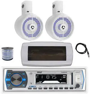 Pyle PLMRB29W Single DIN Bluetooth Marine MP3 AM/FM Stereo Receiver with White Cover, 22" Radio Antenna, Wire, 2x 8" 300W Max 2-Way Full Range Wakeboard Built-in-LED Single Audio Speakers (White)
