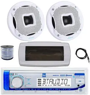 Dual MXD13 Single DIN Bluetooth Marine MP3 AM/FM Stereo Receiver with White Cover, 22" Radio Antenna, Wire, 2x 6.5" 450 Watt Peak 2-Way Water Resistant Boat Audio Speakers (White)