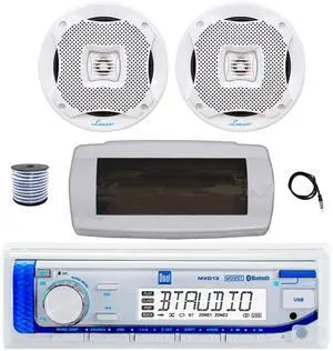 Dual MXD13 Single DIN Bluetooth Marine MP3 AM/FM Stereo Receiver with White Cover, 22" Radio Antenna, Wire, 2x 6.5" 400W Max 2-Way Water Resistant Audio Speakers (White) Dual MXD13 Single DIN Bluetooth Marine MP3 AM/FM Stereo Receiver with White Cover, 22" Radio Antenna, Wire, 2x 6.5" 400W Max 2-Way Water Resistant Audio Speakers (White)