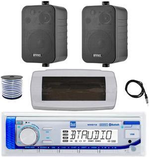 Dual MXD13 Single DIN Bluetooth Marine MP3 AM/FM Stereo Receiver with White Cover, 22" Radio Antenna, Wire, 2x 4" 30 Watt Peak Water-Resistant 3-Way InDoor/OutDoor Audio Speakers (Black)