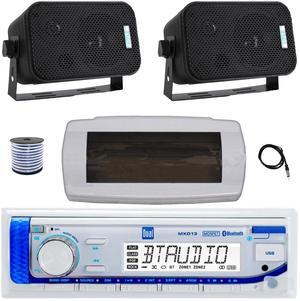 Dual MXD13 Single DIN Bluetooth Marine MP3 AM/FM Stereo Receiver with White Cover, 22" Radio Antenna, Wire, 2x 3.5" 300W Max Indoor/Outdoor Waterproof Wall Mount Speakers (Black)