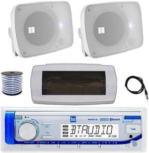 Dual MXD13 Single DIN Bluetooth Marine MP3 AM/FM Stereo Receiver with White Cover, 22" Radio Antenna, Wire, 2x 5.25" 600 Watt Max Power Bluetooth Indoor/Outdoor Waterproof Audio Speakers (White)