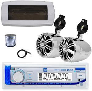 Dual MXD13 Single DIN Bluetooth Marine MP3 AM/FM Stereo Receiver with White Cover, 22" Radio Antenna, Wire, 2x 2.25" 10W Max Full Range Waterproof Off-Road Audio Speakers (Chrome)