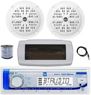 Dual MXD13 Single DIN Bluetooth Marine MP3 AM/FM Stereo Receiver with White Cover, 22" Radio Antenna, Wire, 2x 4'' 100 Watt Peak Full Range Dual Cone Waterproof Stereo Speakers (White) Dual MXD13 Single DIN Bluetooth Marine MP3 AM/FM Stereo Receiver with White Cover, 22" Radio Antenna, Wire, 2x 4'' 100 Watt Peak Full Range Dual Cone Waterproof Stereo Speakers (White)
