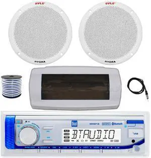 Dual MXD13 Single DIN Bluetooth Marine MP3 AM/FM Stereo Receiver with White Cover, 22" Radio Antenna, Wire, 2x 6.5'' 400W Peak 2-Way Full Range Dual Cone Waterproof Stereo Speakers (White) Dual MXD13 Single DIN Bluetooth Marine MP3 AM/FM Stereo Receiver with White Cover, 22" Radio Antenna, Wire, 2x 6.5'' 400W Peak 2-Way Full Range Dual Cone Waterproof Stereo Speakers (White)
