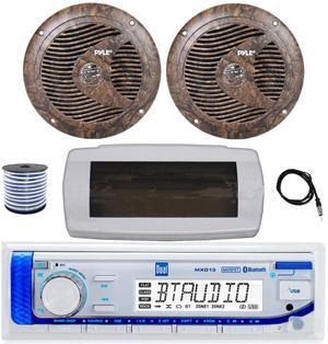 Dual MXD13 Single DIN Bluetooth Marine MP3 AM/FM Stereo Receiver with White Cover, 22" Radio Antenna, Wire, 2x 6.5" 150 Watt Max Full Range Dual Cone Waterproof Stereo Speakers (Camo)