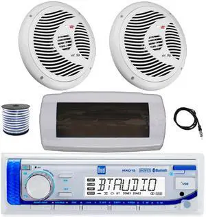Dual MXD13 Single DIN Bluetooth Marine MP3 AM/FM Stereo Receiver with White Cover, 22" Radio Antenna, Wire, 2x 6.5" 150 Watt Max Full Range Dual Cone Waterproof Stereo Speakers (White)