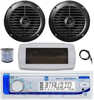 Dual MXD13 Single DIN Bluetooth Marine MP3 AM/FM Stereo Receiver with White Cover, 22" Radio Antenna, Wire, 2x 6.5" 120 Watt Peak Full Range Dual Cone Waterproof Stereo Speakers (Black) Dual MXD13 Single DIN Bluetooth Marine MP3 AM/FM Stereo Receiver with White Cover, 22" Radio Antenna, Wire, 2x 6.5" 120 Watt Peak Full Range Dual Cone Waterproof Stereo Speakers (Black)