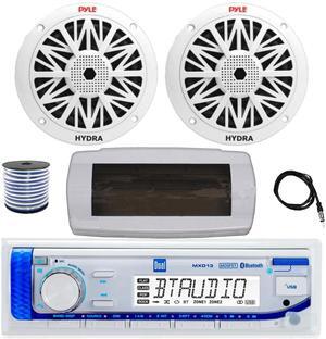 Dual MXD13 Single DIN Bluetooth Marine MP3 AM/FM Stereo Receiver with White Cover, 22" Radio Antenna, Wire, 2x 8'' 300W Max Full Range Dual Cone Waterproof Stereo Speakers (White)