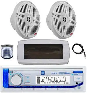Dual MXD13 Single DIN Bluetooth Marine MP3 AM/FM Stereo Receiver with White Cover, 22" Radio Antenna, Wire, 2x 6.5" 600 Watt Max 2-Way Full Range Waterproof Wireless RF Streaming Speakers (White)