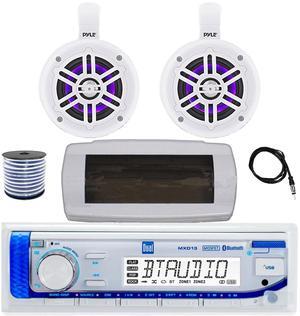 Dual MXD13 Single DIN Bluetooth Marine MP3 AM/FM Stereo Receiver with White Cover, 22" Radio Antenna, Wire, 2x 4" 300W Max Bluetooth Waterproof Wakeboard LED Tower Speakers (White)