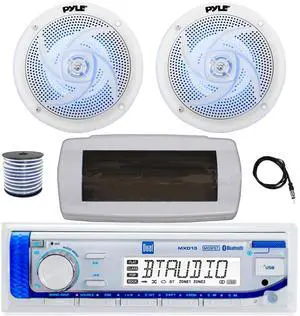 Dual MXD13 Single DIN Bluetooth Marine MP3 AM/FM Stereo Receiver with White Cover, 22" Radio Antenna, Wire, 2x 6'' 240 Watt Peak Power  2-Way Blue Flashing LED Audio Speakers (White)