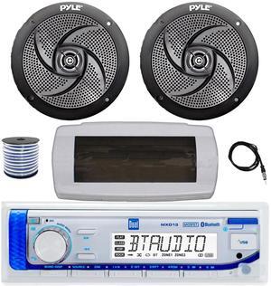 Dual MXD13 Single DIN Bluetooth Marine MP3 AM/FM Stereo Receiver with White Cover, 22" Radio Antenna, Wire, 2x 6'' 240 Watt Max  2-Way Boat Audio Speakers (Black)