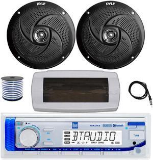 Dual MXD13 Single DIN Bluetooth Marine MP3 AM/FM Stereo Receiver with White Cover, 22" Radio Antenna, Wire, 2x 8'' 320 Watt Max  2-Way Boat Audio Speakers (Black)