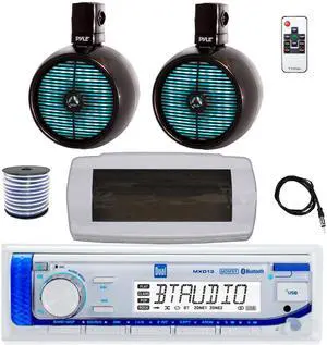 Dual MXD13 Single DIN Bluetooth Marine MP3 AM/FM Stereo Receiver with White Cover, 22" Radio Antenna, Wire, 2x 8" 480 Watt Peak 2-Way Full Range Wakeboard Tower Speakers (Black) Dual MXD13 Single DIN Bluetooth Marine MP3 AM/FM Stereo Receiver with White Cover, 22" Radio Antenna, Wire, 2x 8" 480 Watt Peak 2-Way Full Range Wakeboard Tower Speakers (Black)